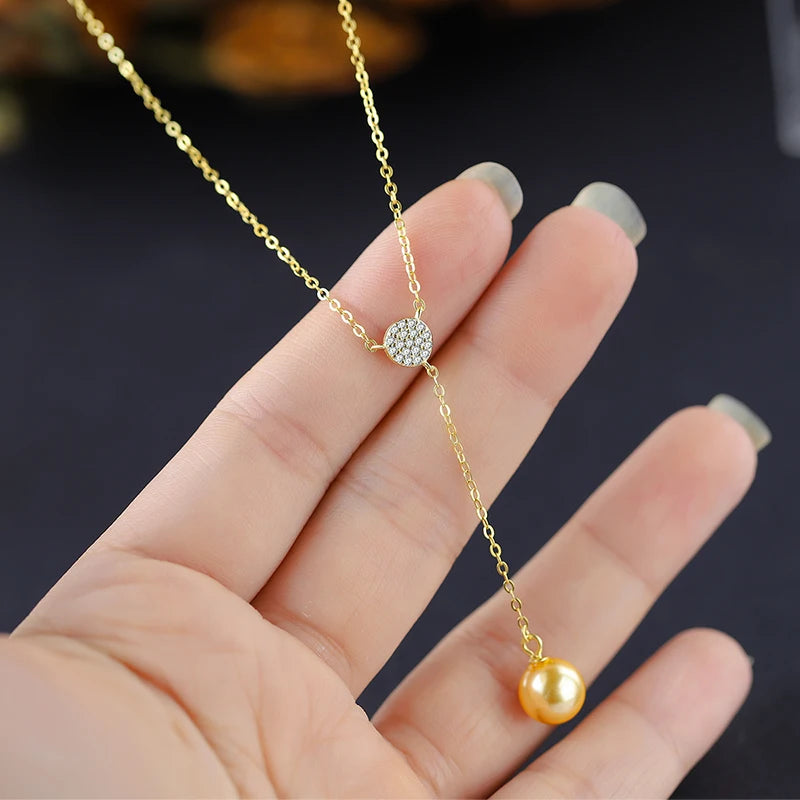 Fashionable and Creative 14K Gold Authentic S925 Silver Full Diamond Round Pendant Pearl Necklace Women's Jewelry