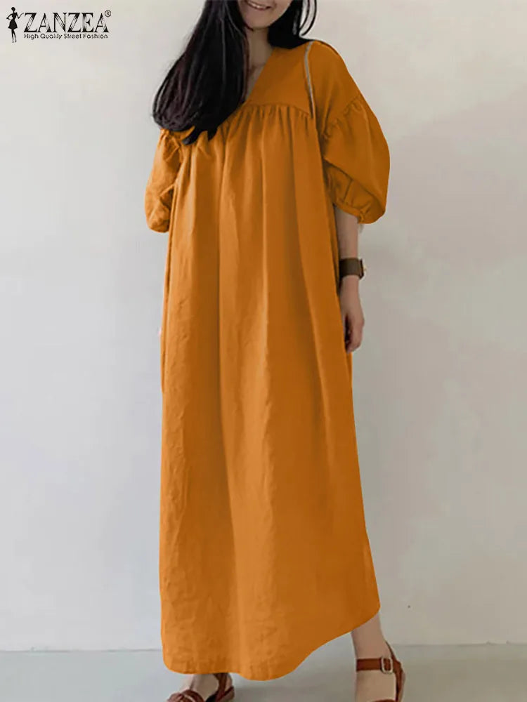 2025 ZANZEA Autumn Maxi Long Dress Women Solid Loose Sundress Pleated Vestidos Fashion Causal Puff Sleeve Holiday Robe Kaftan
