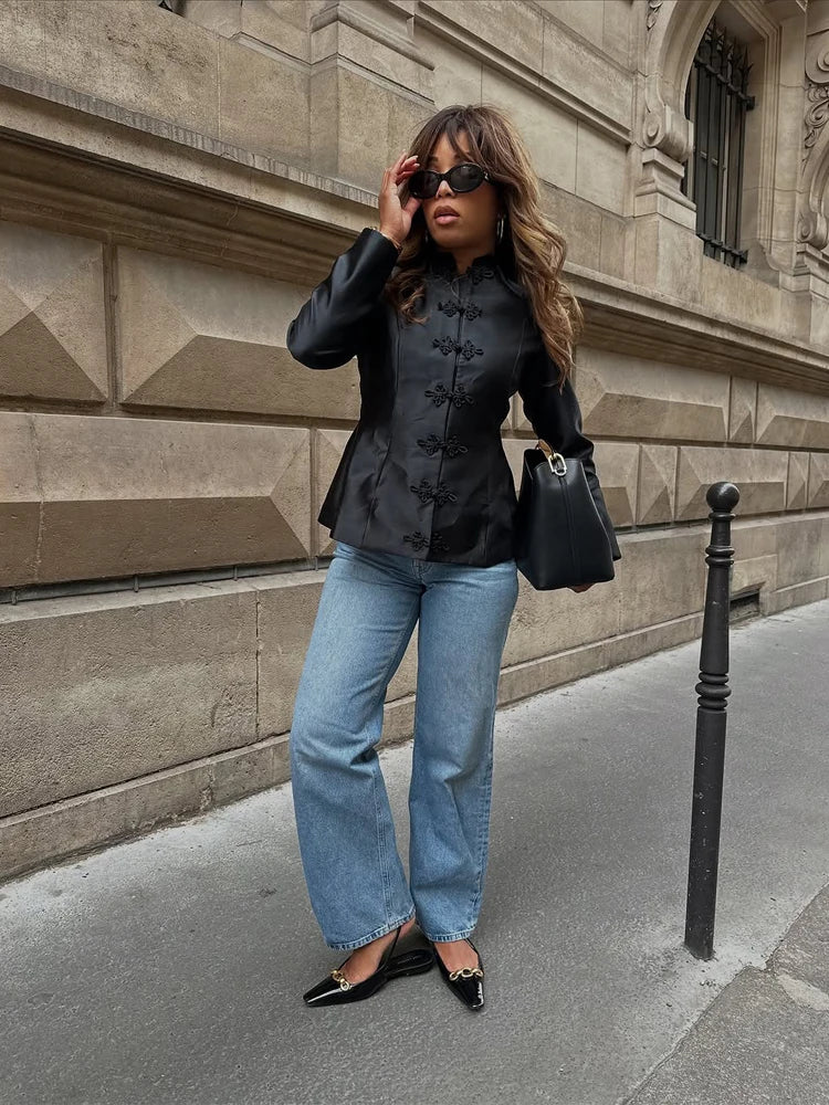 Chic Satin Women Short Buttoned Coat Elegant Round Neck Single Breasted Cinched-waist Crop Jacket 2026 Lady Commute Street Coats