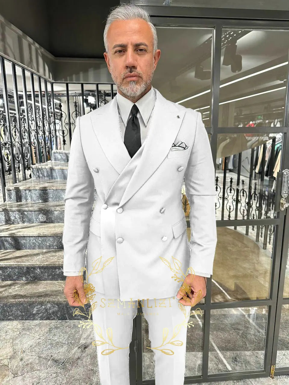 Black Men's Suit 2 Piece Double Breasted Jacket Pants Formal Wedding Groom Tuxedo Peaked Lapel Blazer Customized Men's Suit