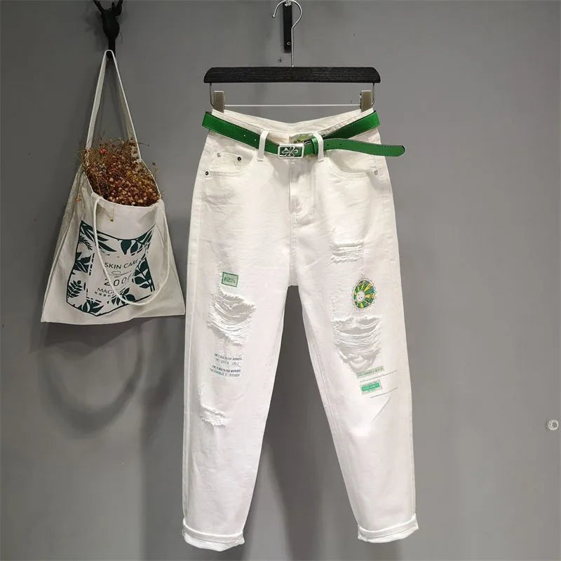 White Jeans 2023 New Women's Embroidery Wild Jeans Spring Summer Fashion Hole Ladies Denim Pants Casual Ankle-Length Jean Pants