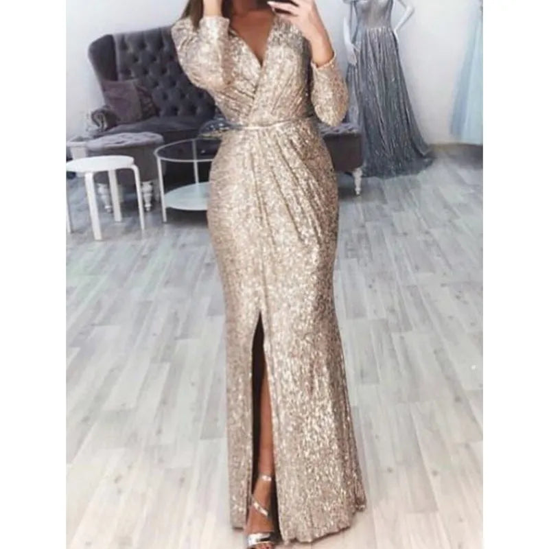 Women's Sequin High Slit Party Dresses Ruched Evening Glitter Dress Deep V Neck Long Sleeve Vestidos 2025 Autumn Female New Robe