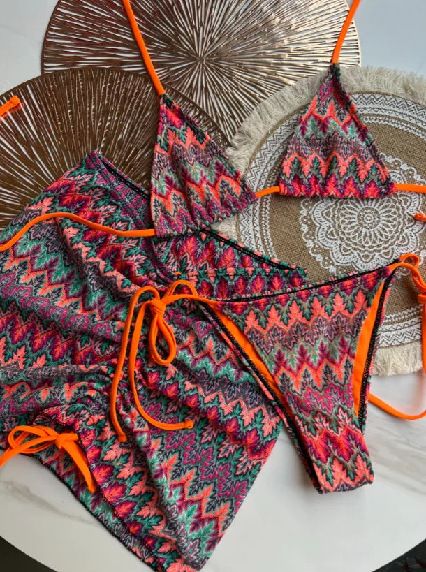 2025 Women Swimsuit Colored Maple Leaves Knitted Bikini Skirt Three-Piece Set Split Swimsuit Bikini