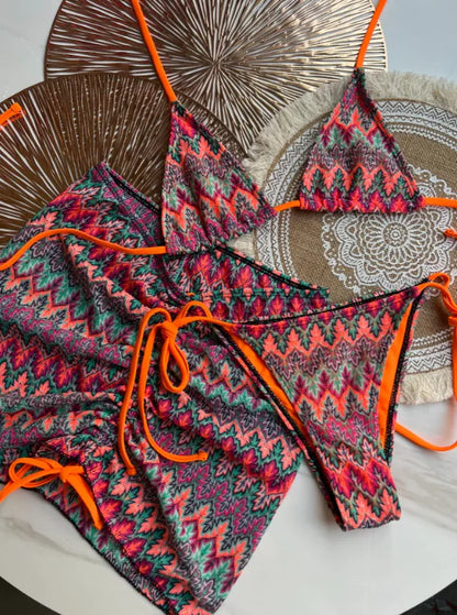 2025 Women Swimsuit Colored Maple Leaves Knitted Bikini Skirt Three-Piece Set Split Swimsuit Bikini