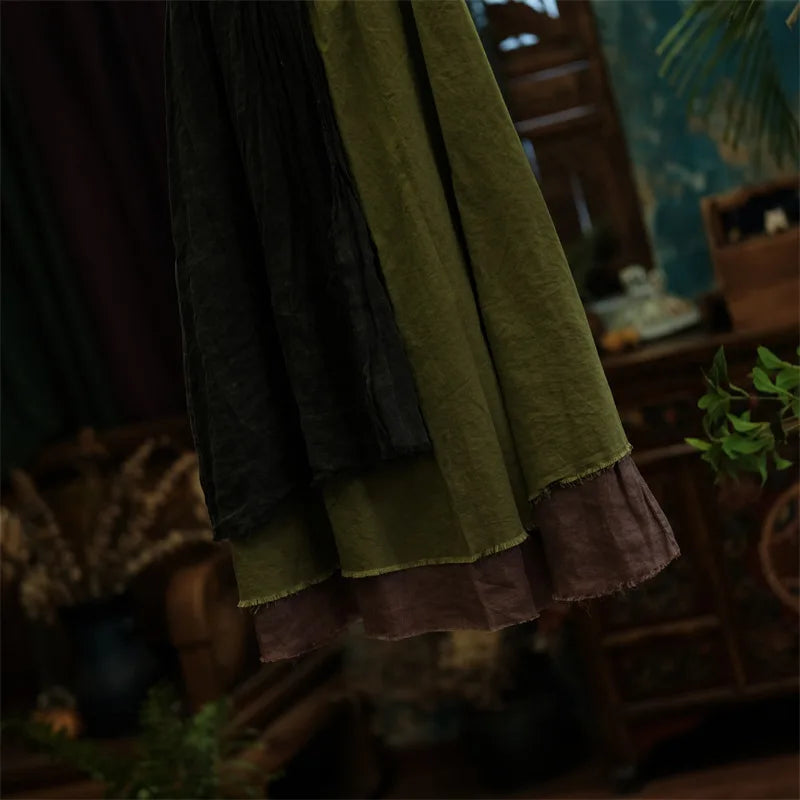Johnature Women Vintage Patchwork Linen A-Line Skirts Elastic Waist Green 2025 Autumn Chinese Style Women High Quality Skirts