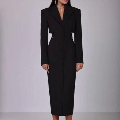 VGH High Street Hollow Out Tunic Dresses for Women Notched Collar Long Sleeve High Waist Spliced Button Temperament Dress Female
