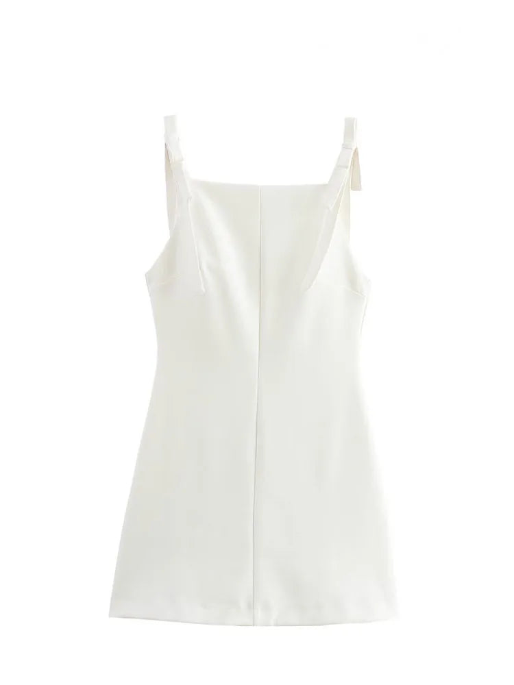 HH Woman Bow Strap Decoration Square Collar Sleeveless Back Zipper Sling Dresses Summer 2025 Female High Street Mini Dress