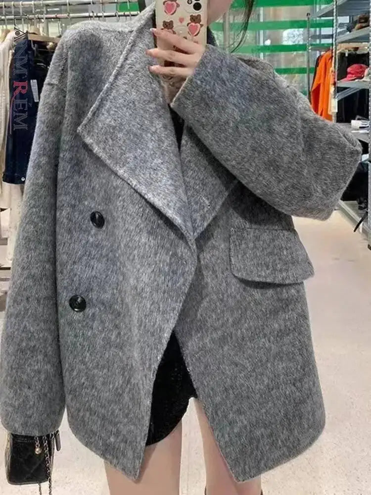 [LANMREM] Fashion Solid Color Loose Wool Coat For Women Turn Down Collar Single Breasted Coats 2025 Winter New Tide 26DA1533