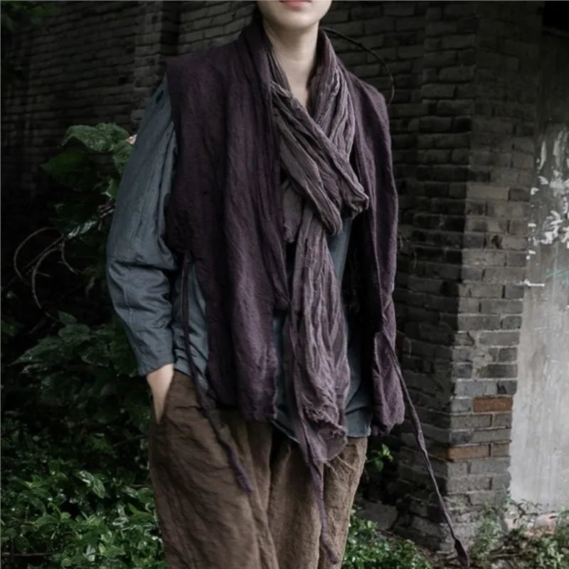 Johnature Women Vintage Linen Bandage Vests Coats Dark Purple V-Neck Chinese Style Clothes 2025 Autumn New Women Vests Coats