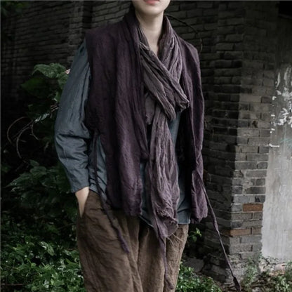 Johnature Women Vintage Linen Bandage Vests Coats Dark Purple V-Neck Chinese Style Clothes 2025 Autumn New Women Vests Coats