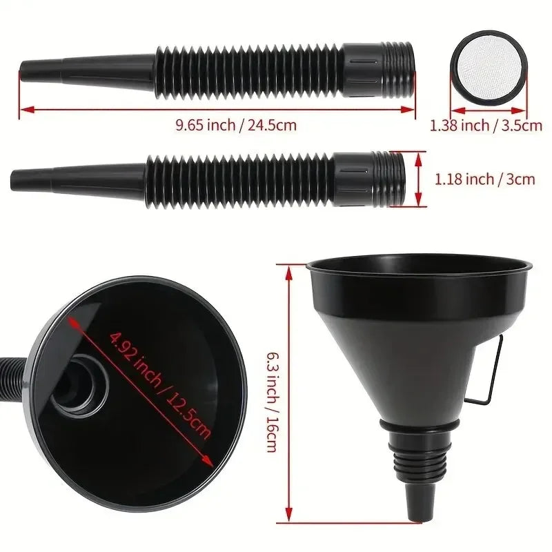 Refueling funnel with filter for automobiles, motorcycles, and transmissions. Oil and water funnel with filter