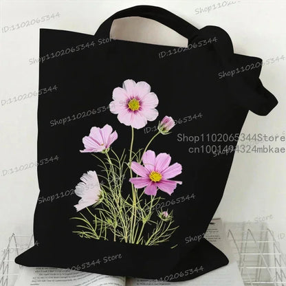 Fashion Canvas Tote Bag Oil Painting Wildflowers Print Lady Shoulder Shopping Bag Plant Style Daisy Vintage Flower Women Handbag
