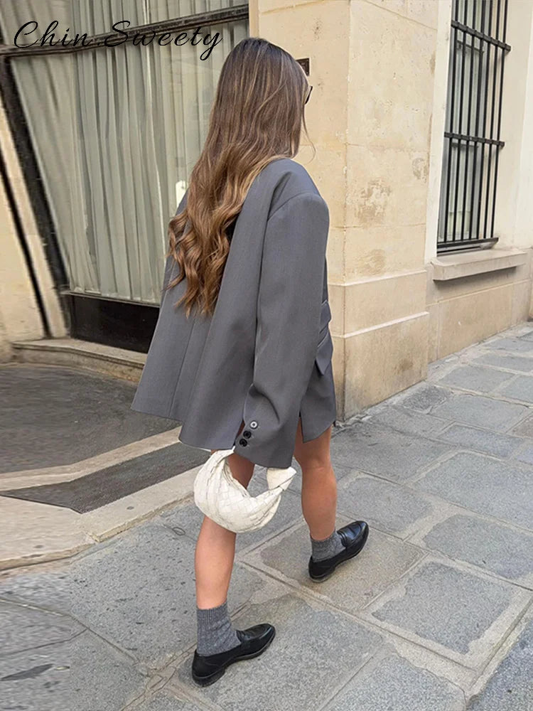 Street Women's Asymmetric Suit Blazer Loose Lapel Full Sleeve One Button Split Jackets 2026 Spring Summer Lady Chic Outwear New