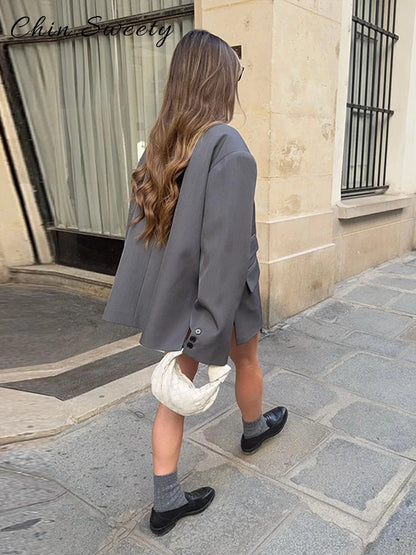 Street Women's Asymmetric Suit Blazer Loose Lapel Full Sleeve One Button Split Jackets 2026 Spring Summer Lady Chic Outwear New