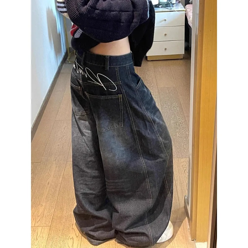 Womens Jeans High Waist Vintage Design Hip Hop Straight Baggy Denim Pants Street Y2K American Style Wide Leg Denim Trouser