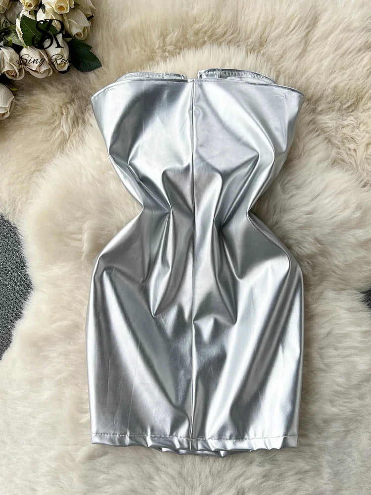 SINGREINY 2023 Strapless Sexy Short Dress Summer Sleeveless Bodycon Hollow Out Fashion Y2K Women Evening PU Leather Slim Dress