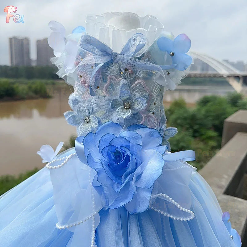 2026 Handmade Blue Puppy Dog Clothing Luxury Embroidery Flower Lace Bow Long Tail Party Dresses For Small Medium Dog Pet Clothes
