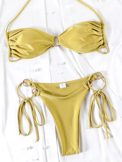Rinabe Sexy Bikini Women Swimsuit Bandeau Biquinis Feminino Bikinis Solid Swimwear Push Up Bikini Set Beach Outing Summer Swim
