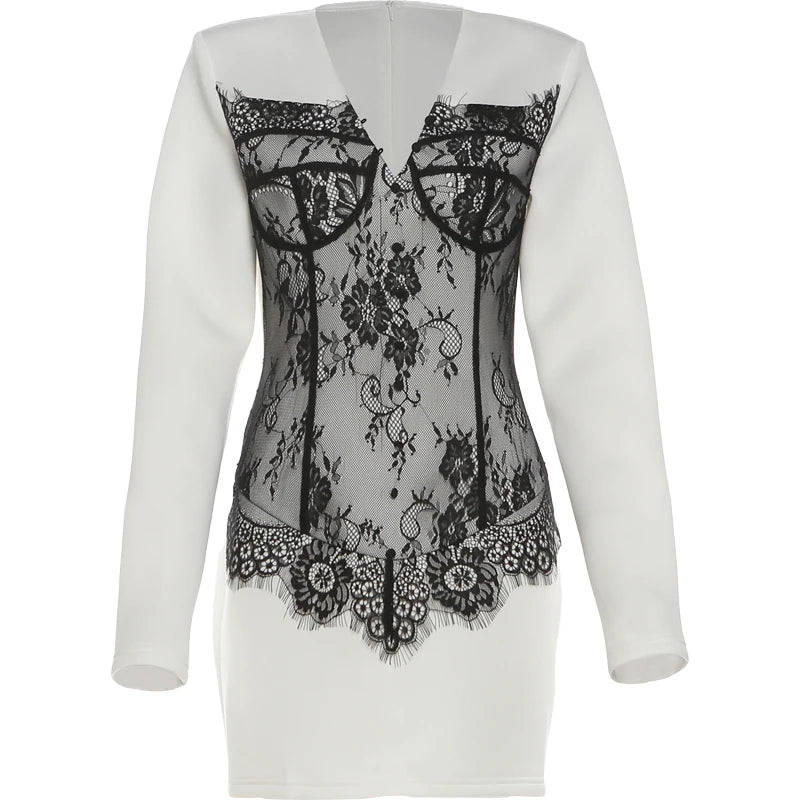 Whatiwear Autumn New Style Dress Woman Lace Patchwork Low-Neck Full Sleeve Skinny Wrap Hip Street Fashion Elegant Mini Bodycon