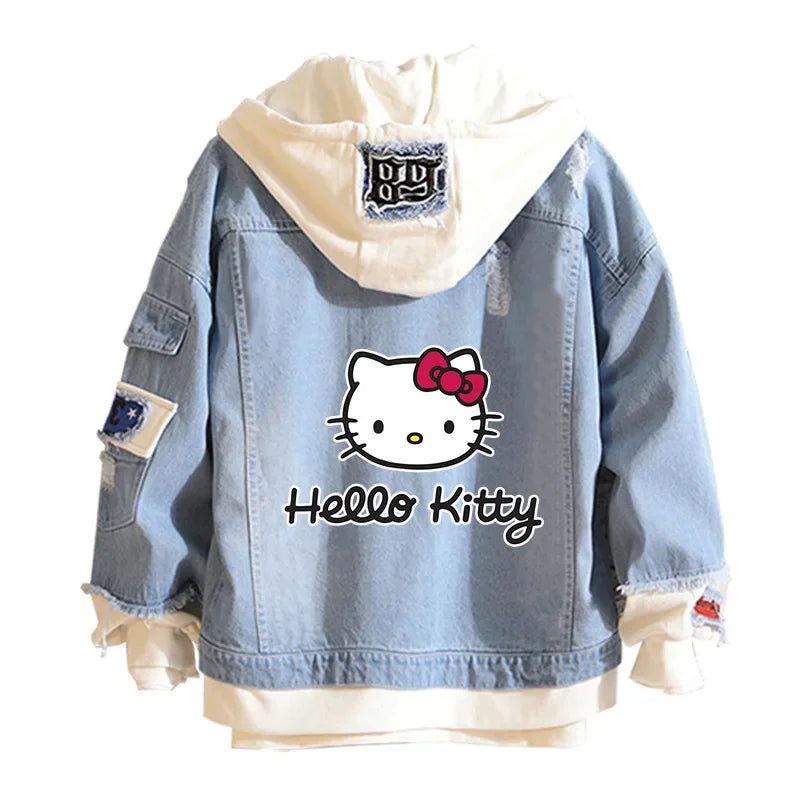 Anime Sanrio Denim Bomber Jacket Hello Kitty Hooded Jeans Sweatshirt Unisex Ripped Hole Cosplay Hoodie Long-Sleeved Denim Jacket