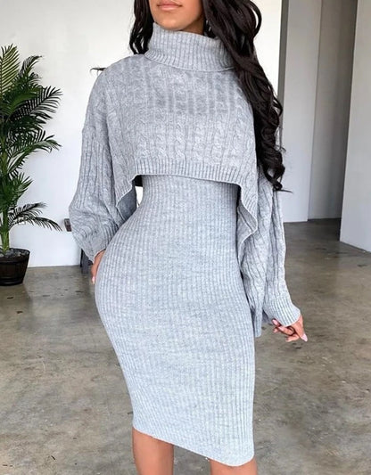 Women's Sweater Dress Set Autumn Winter New 2025 Solid Turtleneck Ribbed Sweater & Knitted Strap Dress Sets Matching Outfit