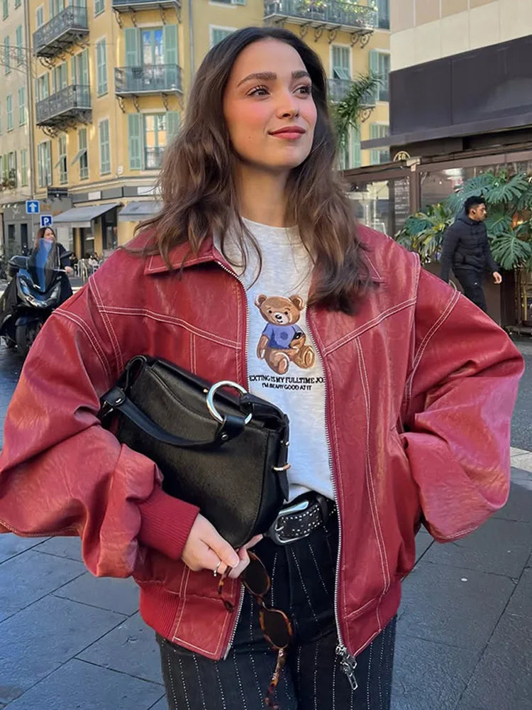 Solid Patchwork Cropped Coat Women Lapel Long Sleeve Loose Zipper Pockets Jacket Fashion Autumn Lady Casual Street Outerwear