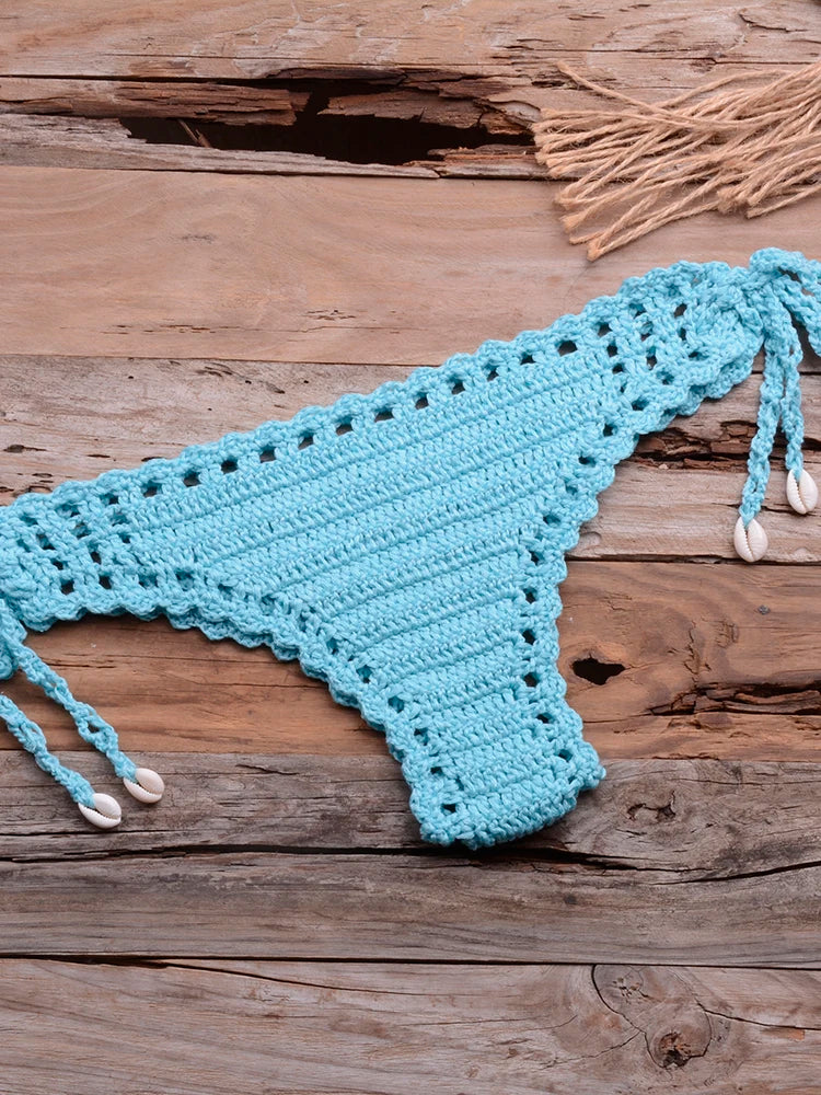Sexy Crochet Bikinis Sets Handmade Knitted Cotton Swimwear Swimsuit Top + Bottom Bandage Women Sexy Beachwear Biquinis