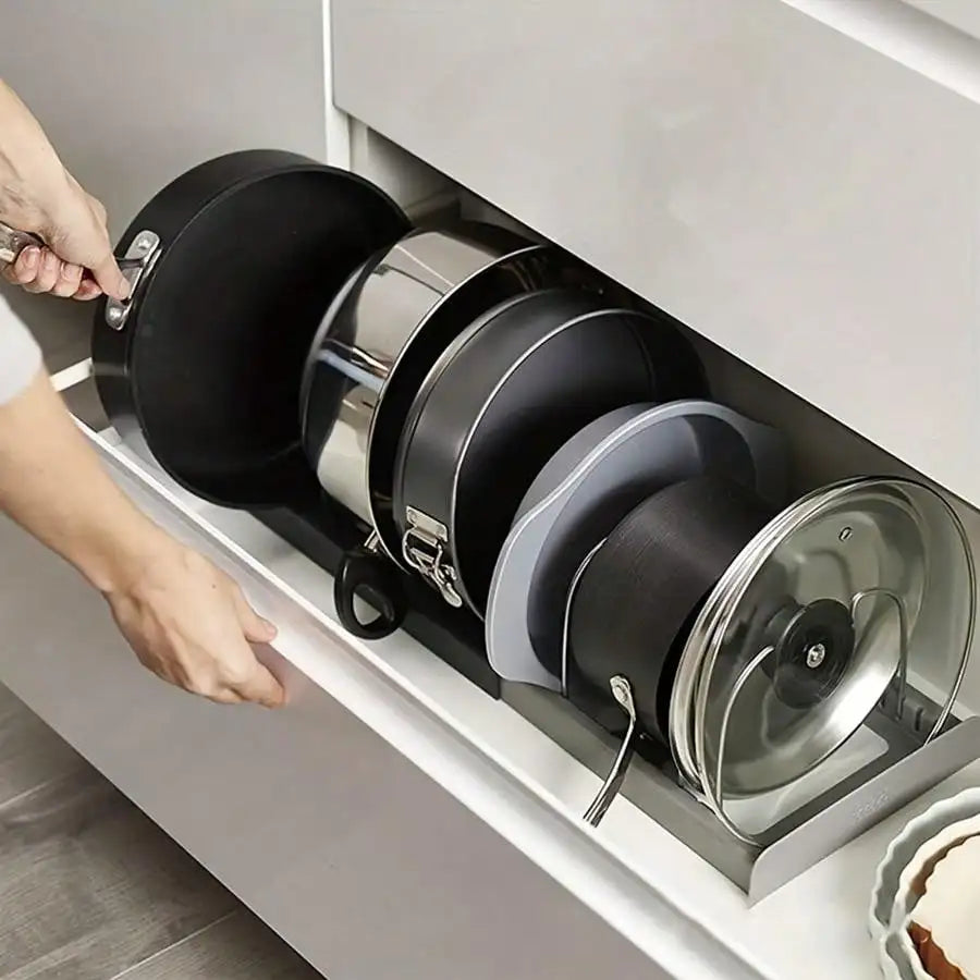 Expandable Pans Organizer Rack Kitchen Cabinet Pan Rack Drawer Expanding Cookware Space Saving Kitchen Cabinet Organizer Holde