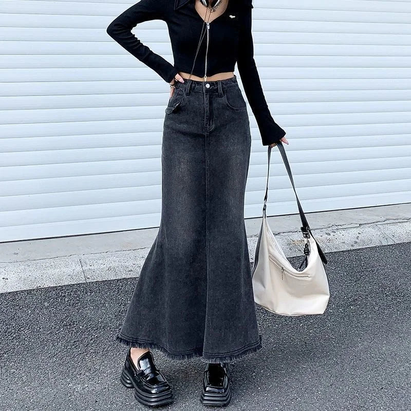 2023 Fashion Spring Denim Skirts for Women Vintage Do Old Midi Skirt Chic High Waisted Trumpet Mermaid A Line Skirts