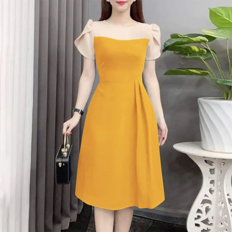 ZANZEA Elegant Women Waist Dress 2024 Summer Patchwork Round Neck Vestidos Fashion Petal Short Sleeves Dress Vintage Office Robe