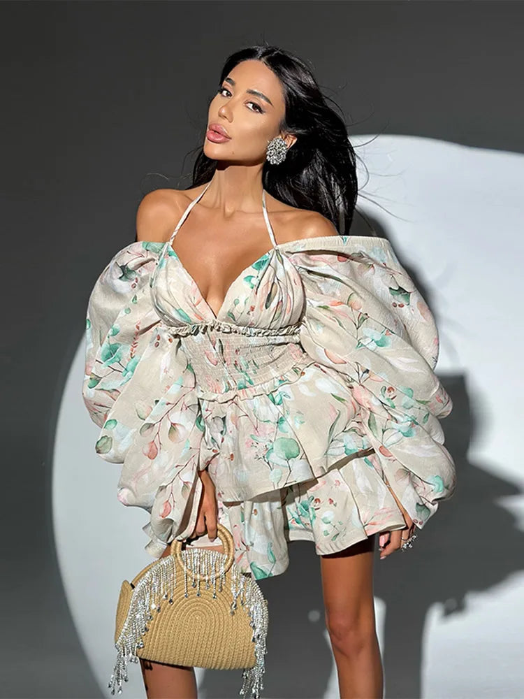 Sexy Backless Print Mini Dress Women Oversize Puff Sleeve V-neck Halter Female Party Dresses 2025 Ruffle Cotton Linen Lady Robe