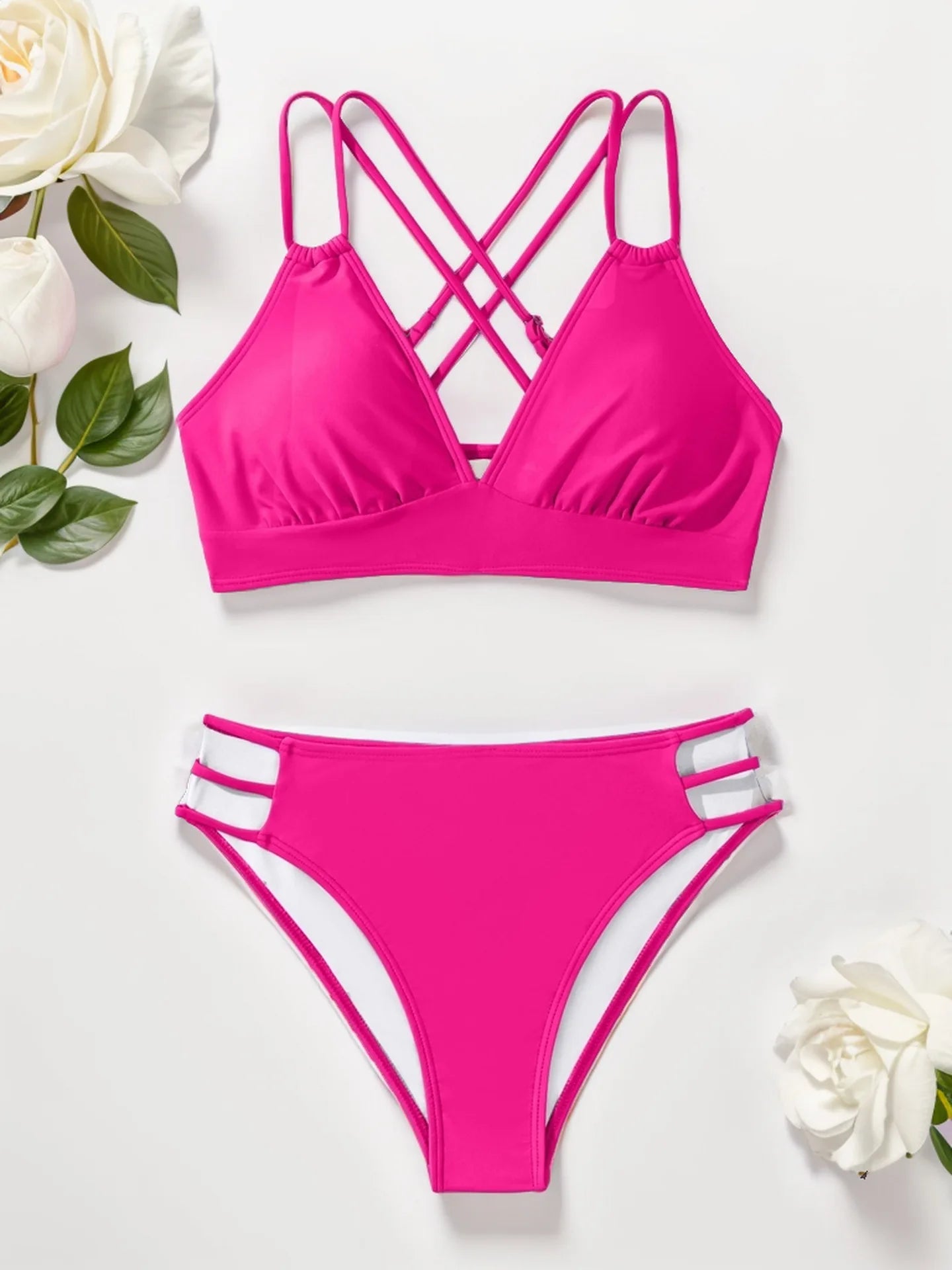 Solid Color Black Two Piece Swimsuit for Women Summer New High Waist Bikini Set Beach Vacation V-neck Backless Swimwear 2024