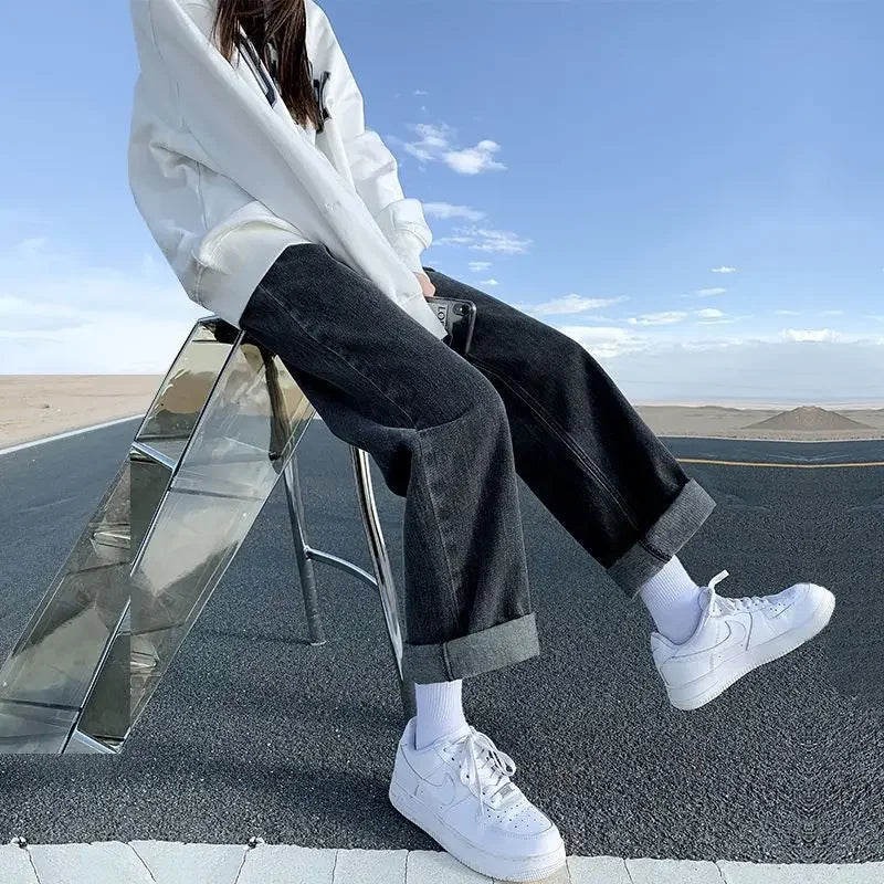 Loose Velvet Thick Jeans Women Warm Straight Causal Autumn Winter Students Preppy High Waist All-match Chic Ulzzang Streetwear