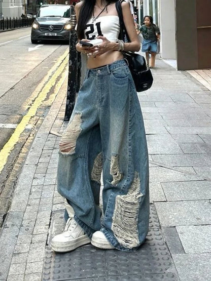 American high street ripped old jeans women ins autumn retro Harajuku loose straight wide-leg floor pants women jeans
