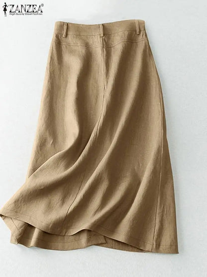 ZANZEA Women Casual Button Up A-line Skirts Summer Spring Cotton Midi Skirts Elegant High Waist Mujer Solid Temperament Faldas