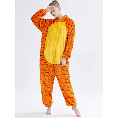Winter Unisex 3D Jumping Tiger Cosplay Costumes Onesies Kigurumi Onesie Pajamas Adults Flannel Pyjamas Animal Sleepwear Jumpsuit