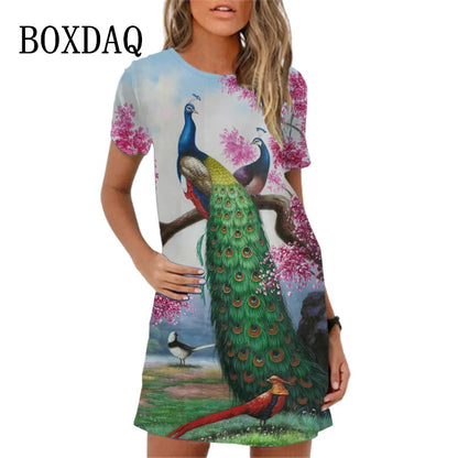 Sweet Cute 3D Print Women Dresses 2023 New Summer Short Sleeve Peacock Pattern Loose A-Line Dress Loose Casual Beach Party Dress