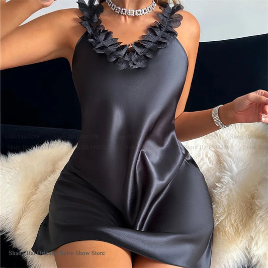 Plus Size Nightgown Sexy Women Sleepwear Lingerie Sexy Patchwork Lace Suspender Night Dress Homewear Silk Satin Loungewear 5XL