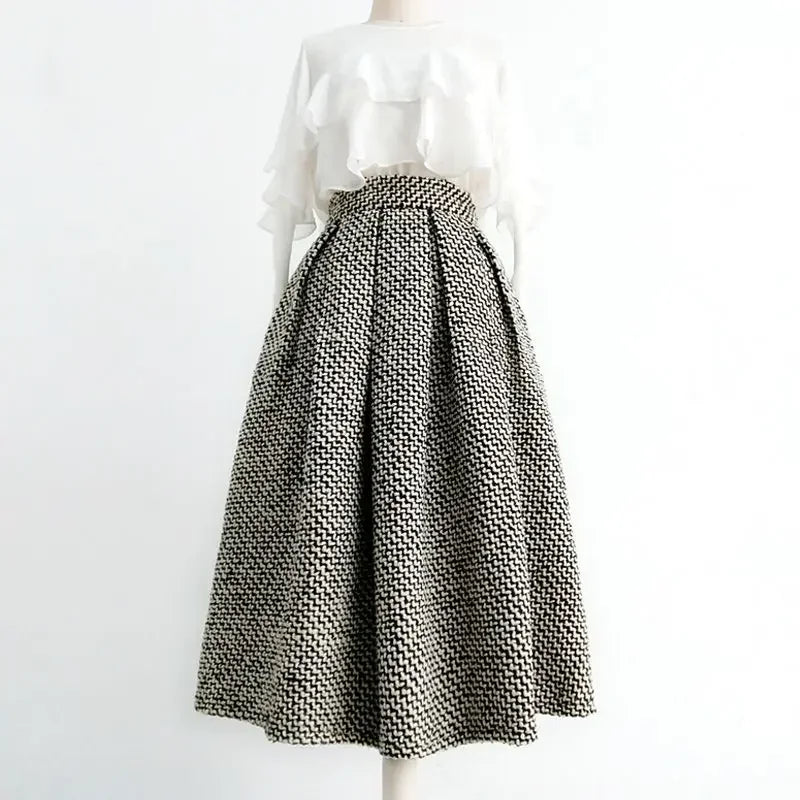 2025 New Fashion Tweed with Pocket Knee Length Skirt Winter Women Vintage Thickened High Waist Pleated A-Line Skirts Faldas