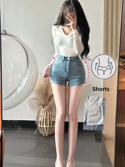 High Waist Denim orts Women's Sexy Slimming orts with Butt Pad American Hot Girl Light Blue Jeans orts Cotton Elastic F...