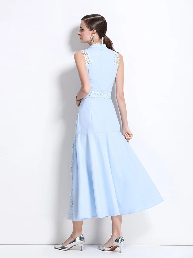 Elegant Women's Sleeveless midi dress Slim 2025 Summer Sky blue Lace patchwork dresses Luxury Black White Vestidos INKEO 5D069
