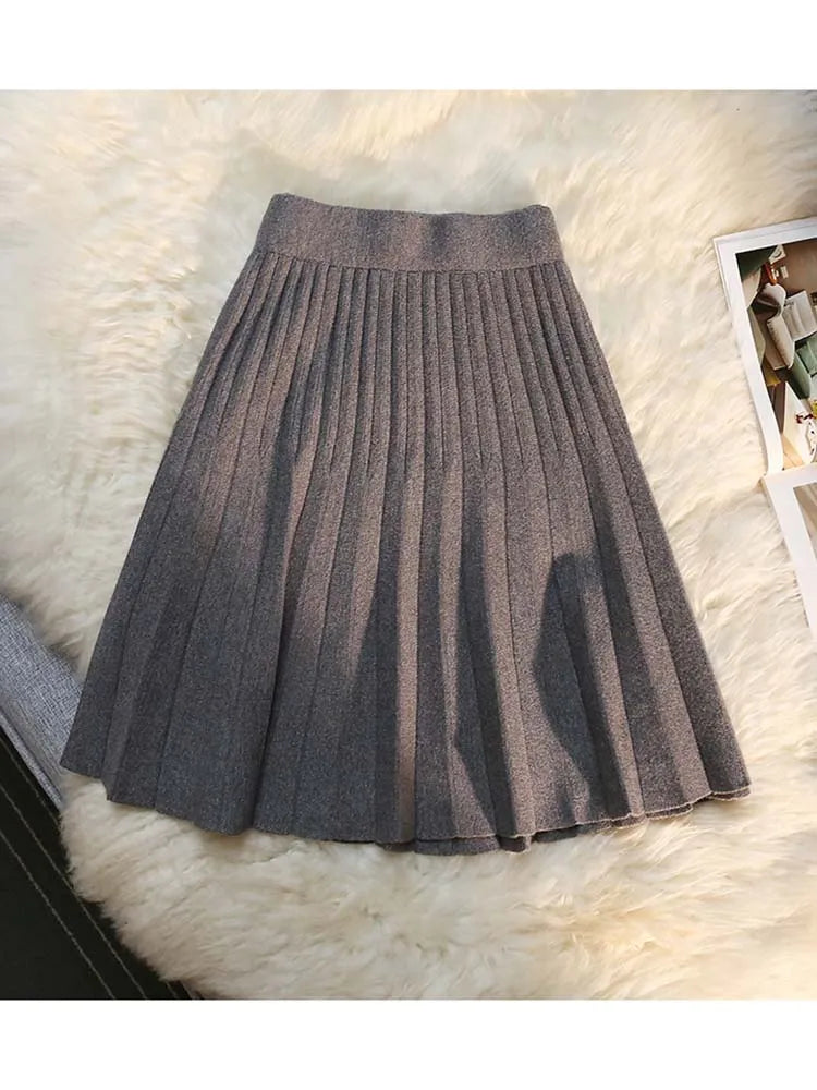 Autumn Winter Knitted Pleated Skirts Women's Elastic High Waist A-Line Umbrella Skirts Casual Sexy Slim Short Mini Skirts