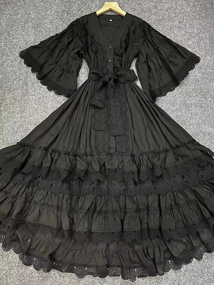 CHICEVER Vintage Solid Dresses For Women V Neck Half Sleeve High Waist Spliced Lace Up Folds Loose Hollow Out Midi Dress Female