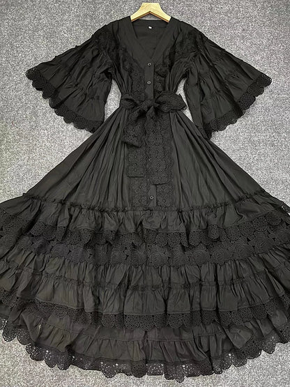 CHICEVER Vintage Solid Dresses For Women V Neck Half Sleeve High Waist Spliced Lace Up Folds Loose Hollow Out Midi Dress Female