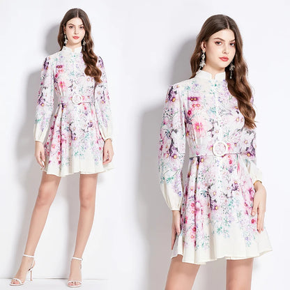 Women Linen Clothing Spring Summer Runway Fashion Flower Print Vintage Dress Stand Neck Long Lantern Sleeve Belted Mini Dress