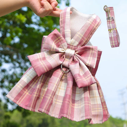 Bow Puppy Cat Dresses Summer Pet Clothes Fashion Plaid JK Dress with Leash Sets for Small Dogs Cats Kitten Clothing ropa gato