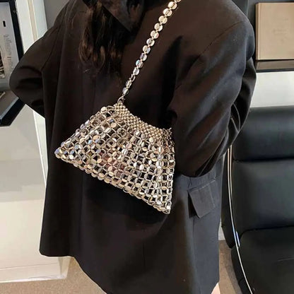 Casual Sequin Evening Banquet Bag Temperament Underarm Bag Woven Beaded Crossbody Bag Mini Small Purse Silver Shiny Bag Women