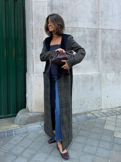 Woolen Plaid Long Coat Women Turn-down Collar Loose Long Sleeve Button Elegant Outwear Female Thicken 2025 Spring Street Jacket