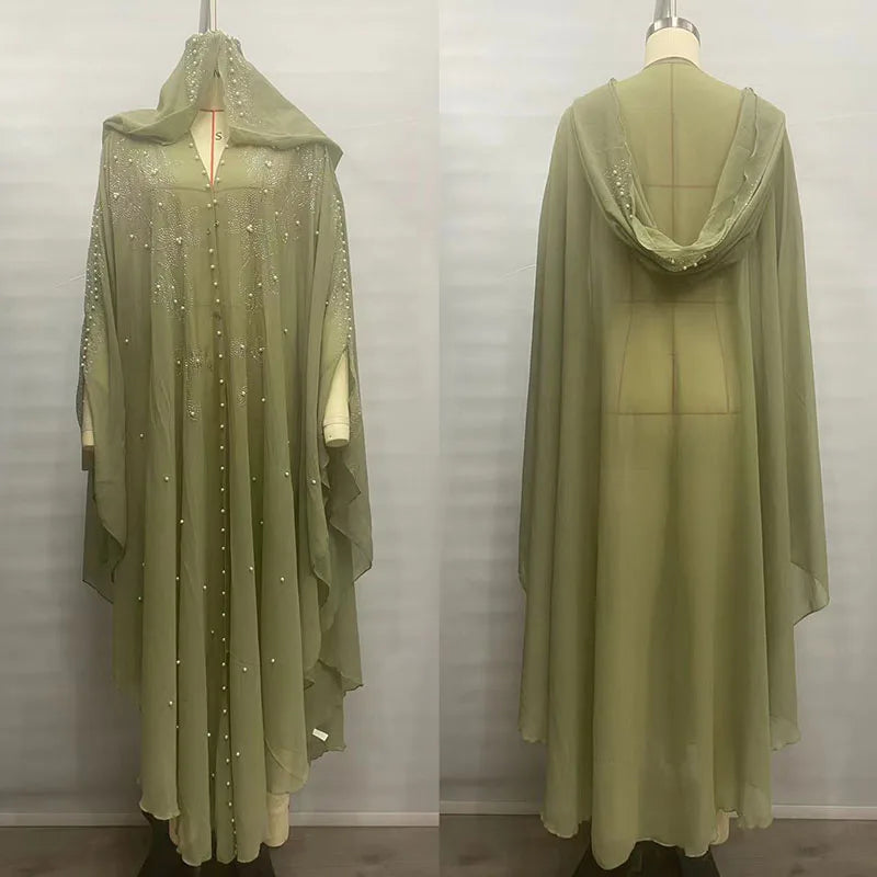 Middle East African Dresses for Woman Luxury Diamond Bead Muslim Long Robe Veiled Women Wearing Hooded Cloak Bat Sleeve Dress
