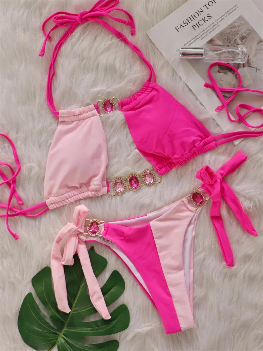 Luxury Rhinestones Splicing Bikini Set Women Halter Patchwork Cut Out Push Up Diamond Swimsuit 2024 Bathing Suit Thong Swimwear